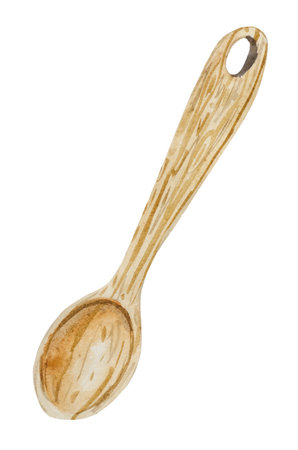 Watercolor wooden classic spoon of cook, on a white background, a great addition to designer compositions on the theme of food, cooking.の写真素材