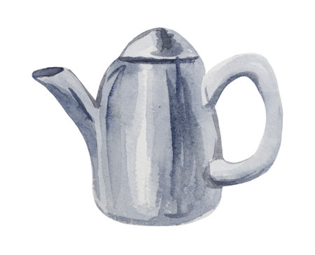 Watercolor ceramic teapot on a white background, for compositions on the theme of cooking, food, desserts, tea ceremonies.の写真素材