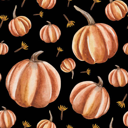 Watercolor seamless pattern of ripe pumpkins straight from the garden. Ideal for Halloween, Thanksgiving or Fall Fair products. Elements are hand-drawn and exclusiveの写真素材