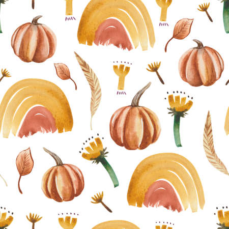 Watercolor seamless floral pattern of autumn flowers, ripe pumpkins and abstract brush stroke. Decorative background for stylish productsの写真素材