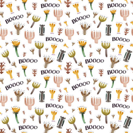 Seamless watercolor pattern of dried flowers in primitivism style with the phrase boo. The perfect neutral pattern for Halloween.の写真素材