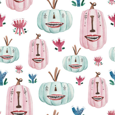 Watercolor seamless pattern of cute pumpkins with Jack face. For Halloween-themed productsの写真素材