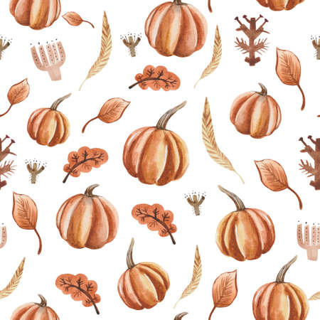Watercolor seamless pattern of ripe pumpkins straight from the garden. Ideal for Halloween, Thanksgiving or Fall Fair products. Elements are hand-drawn and exclusiveの写真素材