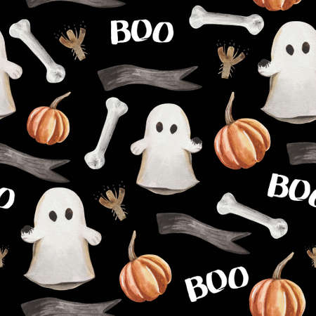 Watercolor seamless pattern, consists of dried flowers, cute ghosts, ripe pumpkins, bones and black ribbons. Ideal for Halloween-themed products. Just booの写真素材