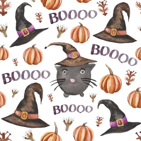 Watercolor seamless pattern with a cute witch cat, pumpkins, flowers and witcher hats. For Halloween-themed designer products. They are not entirely scary, so they will make you smile. Just say booの写真素材