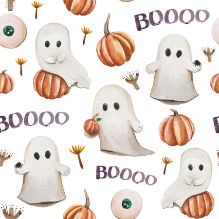 Watercolor seamless pattern, consists of dried flowers, cute ghosts, ripe pumpkins, bones and black ribbons. Ideal for Halloween-themed products. Just booの写真素材