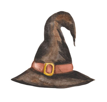 Cute watercolor wide-brimmed witch hat with curved top for halloween day. For the design of products for the day of all saints.の写真素材