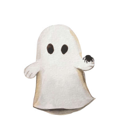 Cute watercolor halloween ghost. he holds a black spider in his hand. For all saints' day product design.の写真素材