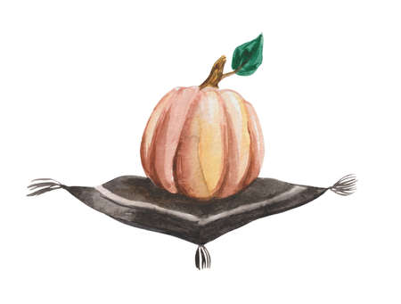 Ripe watercolor pumpkin on a vintage velvet pillow, with tassels. For design compositions on the theme of Halloween.の写真素材