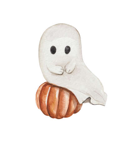 Cute watercolor Halloween ghost. Sits on a ripe pumpkin. For design of products for the day of all saints.の写真素材