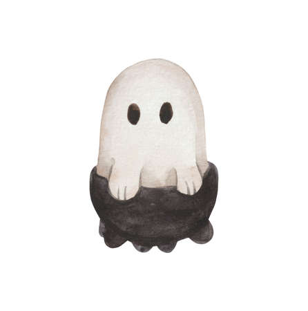 Cute watercolor Halloween ghost. Sits in a black smoked cauldron. For design of products for the day of all saints.の写真素材