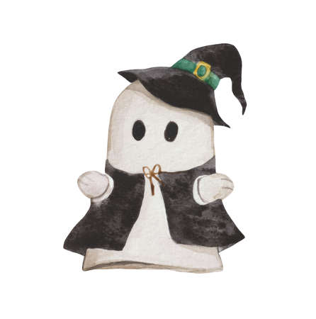 Cute watercolor halloween ghost. He wears a wide-brimmed witcher hat with a curved top and a cloak the color of the night. For the design of products for the day of all saints.の写真素材
