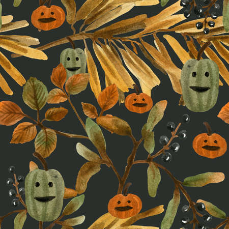 Watercolor seamless pattern on Halloween theme on a dark gray background. The pattern includes yellowed foliage on the branches and pumpkins with Jack's face.の写真素材