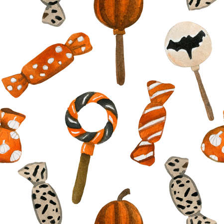 Watercolor seamless pattern with sweets for the holiday of Halloween on a white background. In a set of candy, candy in a wrapper, and candy in the form of a bat.の写真素材