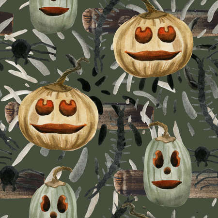 Watercolor seamless pattern on the subject of Halloween on a white background. The pattern includes spiders, a skalandra, black fireworks, brush strokes and pumpkins with Jack's face.の写真素材