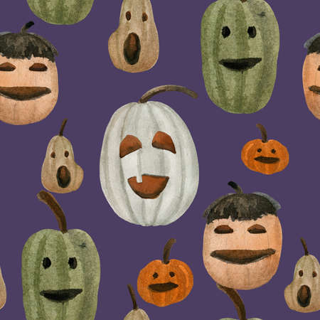 Watercolor seamless pattern on the subject of Halloween. The pattern includes pumpkins with Jack's face in a variety of incarnations and facial expressions.の写真素材