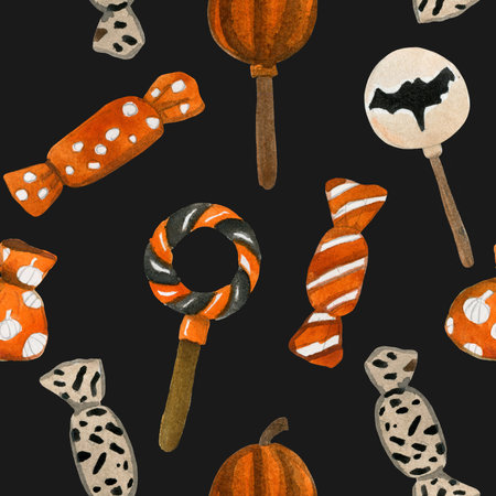 Watercolor seamless pattern with sweets for the holiday of Halloween on a white background. In a set of candy, candy in a wrapper, and candy in the form of a bat.の写真素材