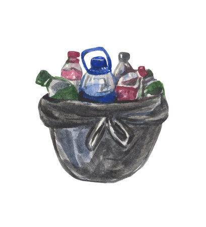 Watercolor plastic bag filled with household rubbish. On the theme of environmental pollution; environmental issues; climate change on the planet. On the topic of separate waste coの写真素材
