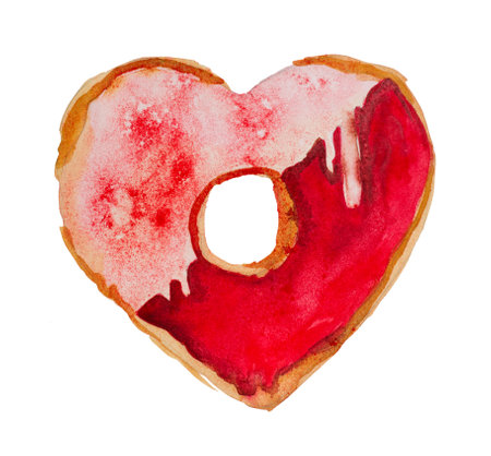 Watercolor St. Valentine`s Day `Sweet Valentine`. Hand-drawn `Sweet Valentine` donut with icing, on white background. Originally made in watercolor and then digitized.の写真素材