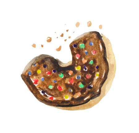 Watercolor bitter donut in chocolate glaze with an accent from sweet colored crumbs. Object on a white background, suitable for compositions on the theme of sweets and food.の写真素材