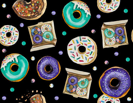 A seamless pattern is mainly made up of donuts and various festive elements and decor objects. Watercolor pattern on a black background easily tiles and creates a unique pattern.の写真素材