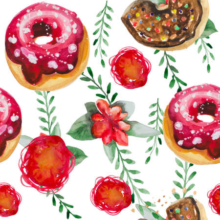 A seamless pattern is mainly made up of donuts and various festive elements and decor objects. Watercolor pattern on a white background easily tiles and creates a unique pattern for printing on paper.の写真素材