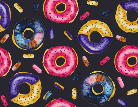 Bright and stylish donuts, having different colors are chaotically distributed on the pattern. Everything is done in watercolor, has seamless borders, and you can endlessly tile each side.の写真素材