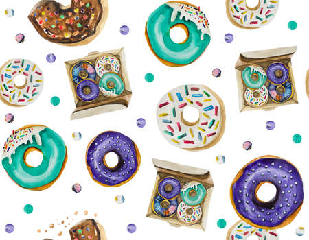 A seamless pattern is mainly made up of donuts and various festive elements and decor objects. Watercolor pattern on a black background easily tiles and creates a unique pattern.の写真素材