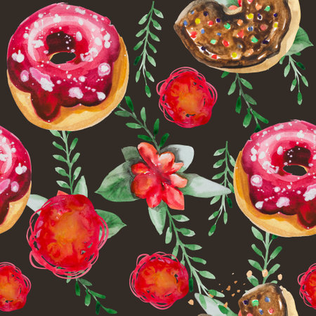 A seamless pattern is mainly made up of donuts and various festive elements and decor objects. Watercolor pattern on a white background easily tiles and creates a unique pattern for printing on paper.の写真素材
