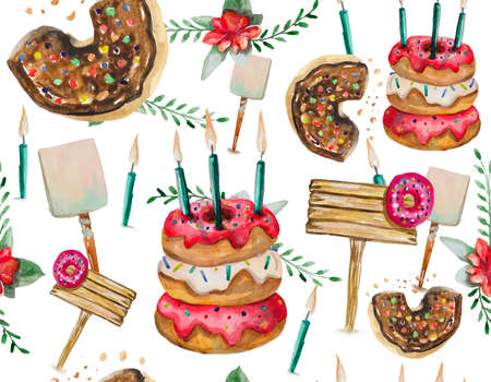A seamless pattern is mainly made up of donuts and various festive elements and decor objects. Watercolor pattern on a white background easily tiles and creates a unique pattern for printing on paper.の写真素材