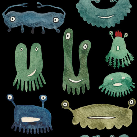 Watercolor seamless pattern of funny monsters and germs. Unique creatures for baby products and designer compositions. Multi-colored individuals will look great on fabric or paper.の写真素材