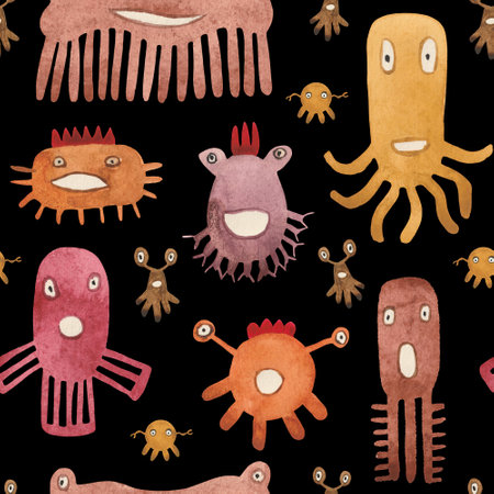 Watercolor seamless pattern of funny monsters and germs. Unique creatures for baby products and designer compositions. Multi-colored individuals will look great on fabric or paper.の写真素材