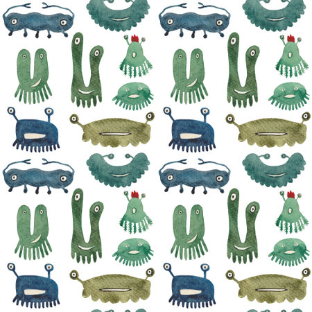 Watercolor seamless pattern of funny monsters and germs. Unique creatures for baby products and designer compositions. Multi-colored individuals will look great on fabric or paperの写真素材