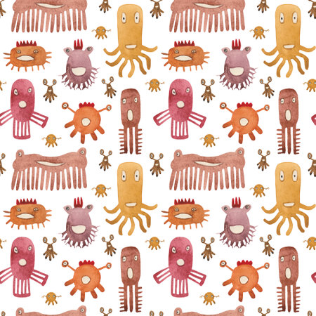 Watercolor seamless pattern of funny monsters and germs. Unique creatures for baby products and designer compositions. Multi-colored individuals will look great on fabric or paper.の写真素材