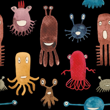Watercolor seamless pattern of funny monsters and germs. Unique creatures for baby products and designer compositions. Multi-colored individuals will look great on fabric or paper.の写真素材