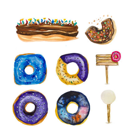 Collection is mainly made up of donuts and various festive elements and decor objects. A large set of donuts and decorative elements on a white backgroundの写真素材
