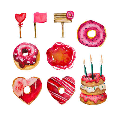 Collection is mainly made up of donuts and various festive elements and decor objects. Watercolor pattern on a white background easily tiles and creates a unique pattern for printing.の写真素材