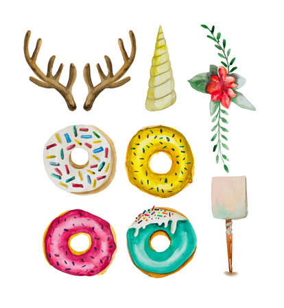 A large set of donuts. Watercolor bitter donut in chocolate glaze with an accent from sweet colored crumbs. Object on a white background, suitable for compositions on the theme of sweets and food.の写真素材