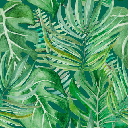 A tropical forest with huge monstera leaves, seamless pattern in good resolution painted in watercolor.の写真素材