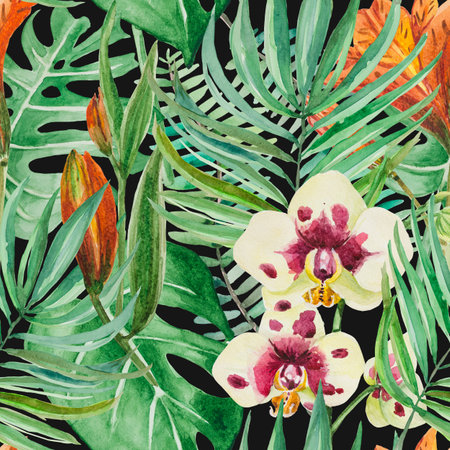 Blooming Rainforest. Huge palm leaves and monstera, flowers of orchids and lilies at night.の写真素材