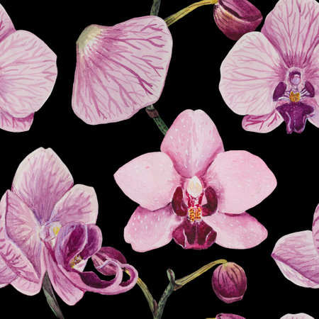 A seamless pattern is made in watercolor in good resolution. The composition consists of the inflorescence of phalaenopsis orchids.の写真素材