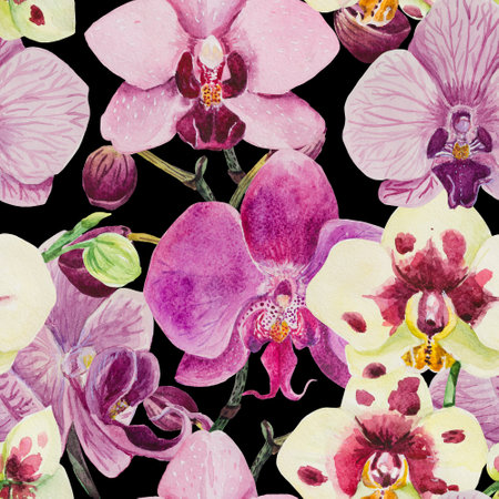A seamless pattern is made in watercolor in good resolution. The composition consists of the inflorescence of phalaenopsis orchids.の写真素材
