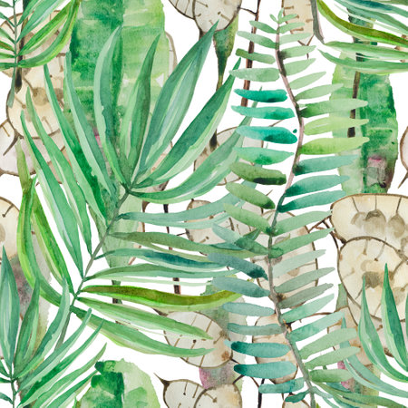 Watercolor large palm leaves, a seamless pattern in good resolution will bring the theme of the jungle into your products.の写真素材