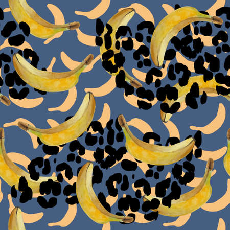 Trend seamless watercolor pattern of banana fruit. Black mixed with yellow on the background of brush strokes, imitating the coloring of the leopard - an abstract composition.の写真素材