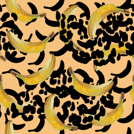 Trend seamless watercolor pattern of banana fruit. Black mixed with yellow on the background of brush strokes, imitating the coloring of the leopard - an abstract composition.の写真素材