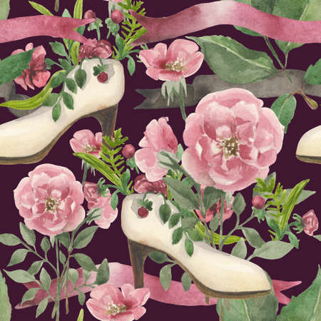 Watercolor pattern on a wedding theme, including roses on a stem with leaves, bride shoes with decorative flowers and plants, waving ribbons on a brown background.の写真素材