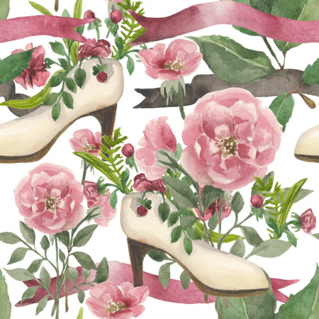 Watercolor pattern on the wedding theme, which includes roses on the stem with leaves, bride's shoes with decorative flowers and plants, bridal veil, wedding wreath on a white backの写真素材