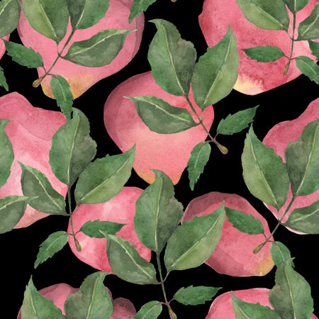 Watercolor seamless pattern of leaves and rose petals on a black background.の写真素材