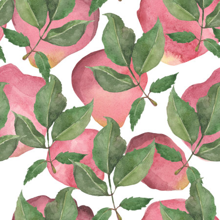 Watercolor seamless pattern of leaves and rose petalsの写真素材