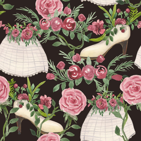 Watercolor pattern on the wedding theme, which includes roses on the stem with leaves, bride's shoes with decorative flowers and plants, bridal veil, weddingの写真素材